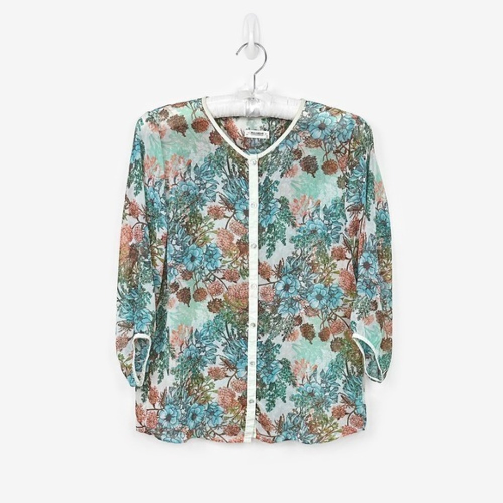 Pull&Bear Floral Blouse Size L Semi-Sheer Chiffon Boho Casual Lightweight